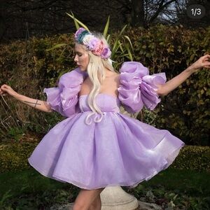 Fanciful Doll Lilac Skies Shimmery Marie Puff Dress w/ bow & floral headband